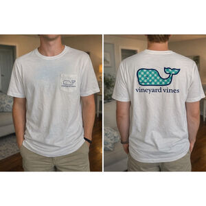 Men’s Vineyard Vines White Gingham Whale Pocket Tee Shirt Size L Pima Cotton